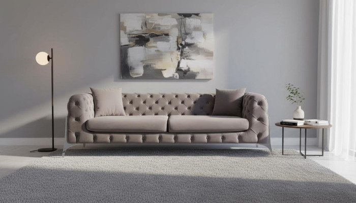 Sofa Chesterfield szara 3 osobowa sofa do salonu Włókienniczy Podkładka