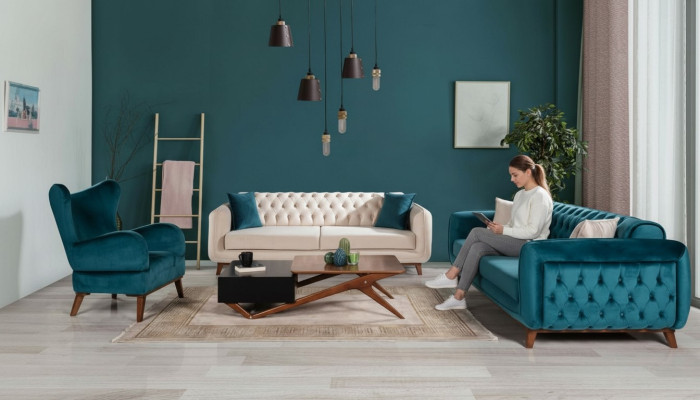 Sofy Zestaw 3+3+1 Podkładka Sofa Materiałowa Salon Chesterfield 3-częściowa