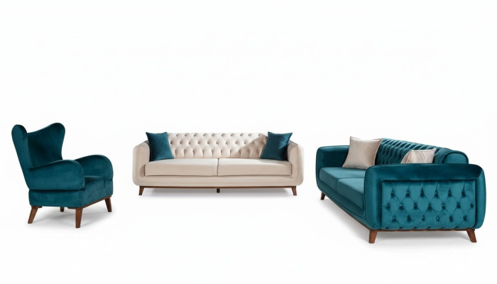 Sofy Zestaw 3+3+1 Podkładka Sofa Materiałowa Salon Chesterfield 3-częściowa