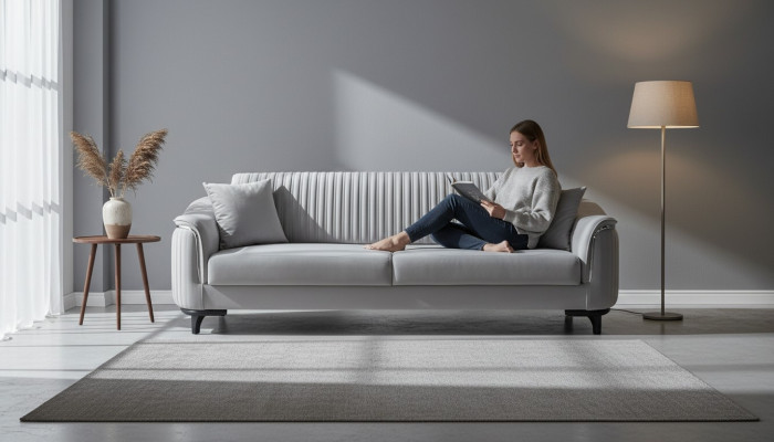 Szara Kanapa Salonowa Trzyosobowa Sofa z Poduszką Meble Aksamit Drewno