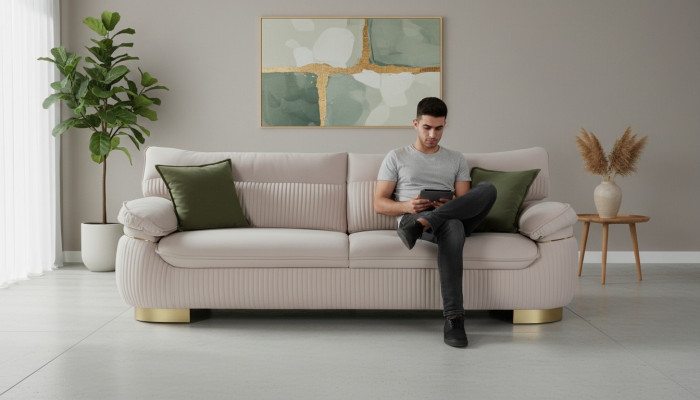 Sofa Trzyosobowa 3 Siedziba Sofa Kanapy Materiał Couch Meble Modern Aksamit Soft Beige