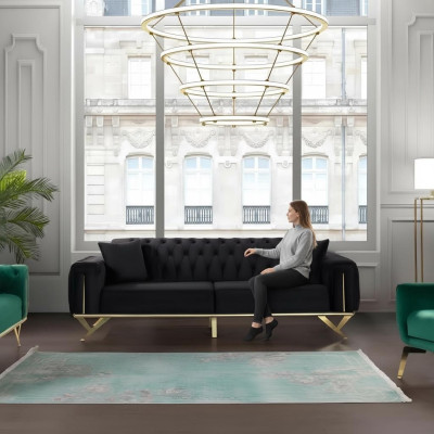 Czarna Kanapa Chesterfield Sofa Trzyosobowa z Poduszką Aksamit Drewno