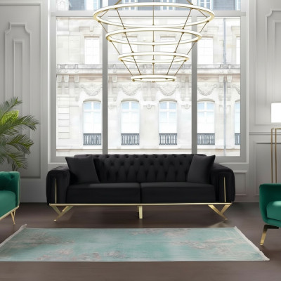 Czarna Kanapa Chesterfield Sofa Trzyosobowa z Poduszką Aksamit Drewno