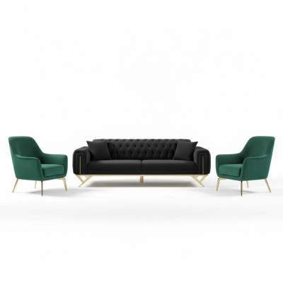 Czarna Kanapa Chesterfield Sofa Trzyosobowa z Poduszką Aksamit Drewno