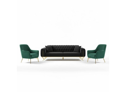 Czarna Kanapa Chesterfield Sofa Trzyosobowa z Poduszką Aksamit Drewno