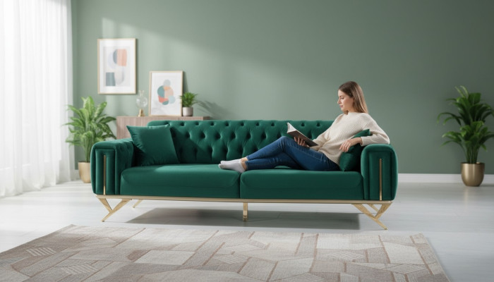 Sofa trzyosobowa Chesterfield zielona Sofa tapicerowana Meble Aksamit Drewno