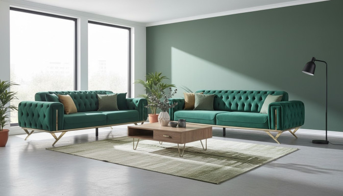 Sofa trzyosobowa Chesterfield zielona Sofa tapicerowana Meble Aksamit Drewno