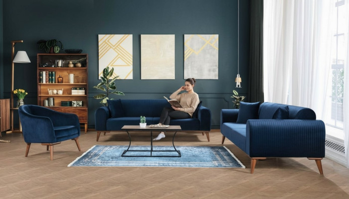 Zestaw sofowy 3+3+1 miejsce do siedzenia Sofa Fotel Royal Blue Couch Aksamit 3-częściowy