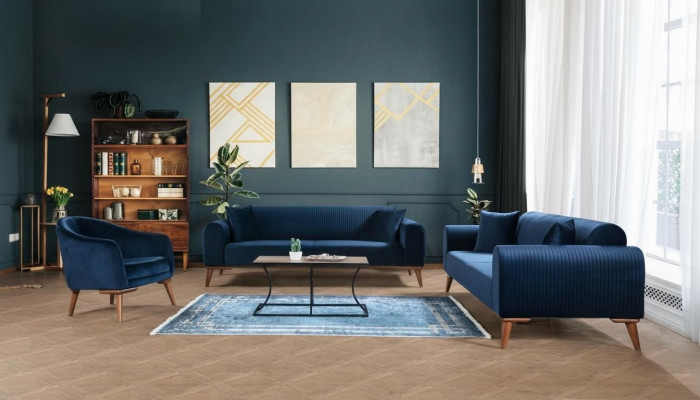 Zestaw sofowy 3+3+1 miejsce do siedzenia Sofa Fotel Royal Blue Couch Aksamit 3-częściowy