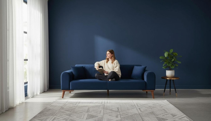 Elegancka niebieska trzyosobowa kanapa, sofa do salonu, meble Aksamit