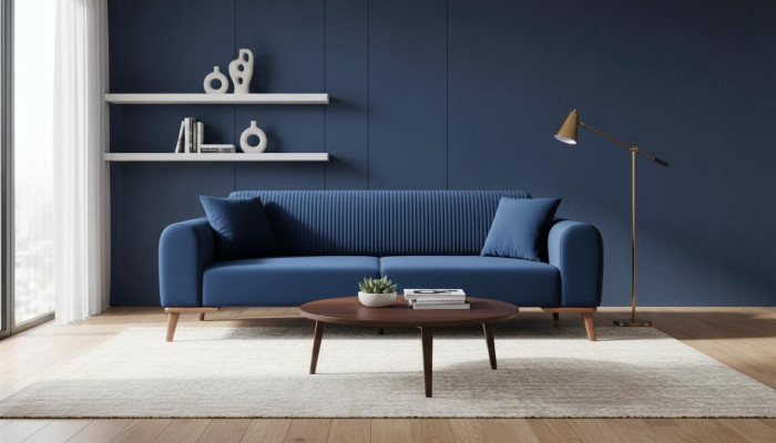 Elegancka niebieska trzyosobowa kanapa, sofa do salonu, meble Aksamit