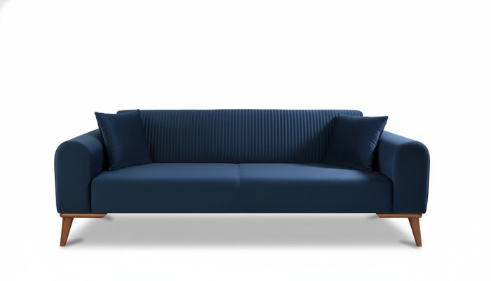 Elegancka niebieska trzyosobowa kanapa, sofa do salonu, meble Aksamit