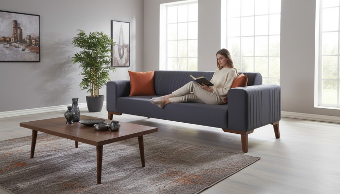 Szara trzyosobowa kanapa Elegancka sofa do salonu Aksamit