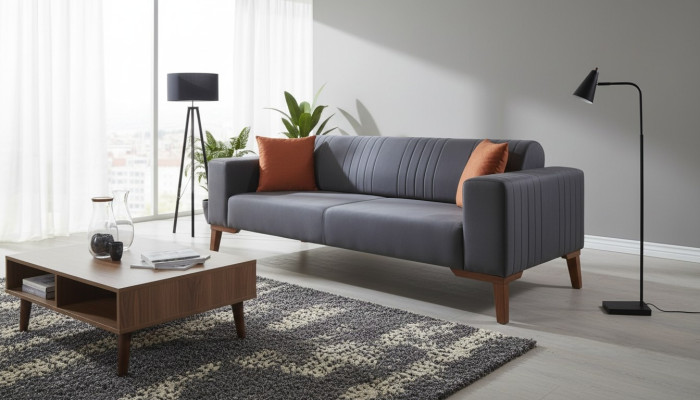 Szara trzyosobowa kanapa Elegancka sofa do salonu Aksamit