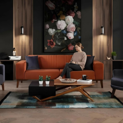 Pomarańczowa trzyosobowa kanapa Elegancka sofa do salonu Aksamit