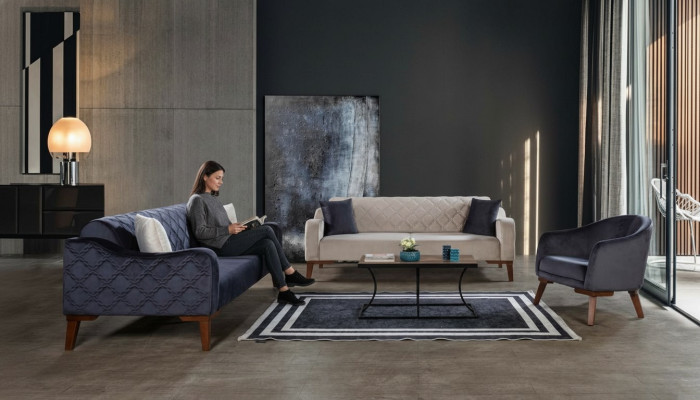 Salon Zestaw sofowy Sofa 3+3+1 Niebieski Zestaw Podkładek Fotel Włókienniczy