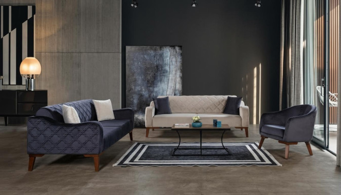 Salon Zestaw sofowy Sofa 3+3+1 Niebieski Zestaw Podkładek Fotel Włókienniczy