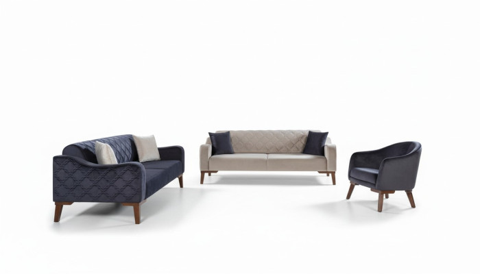 Salon Zestaw sofowy Sofa 3+3+1 Niebieski Zestaw Podkładek Fotel Włókienniczy