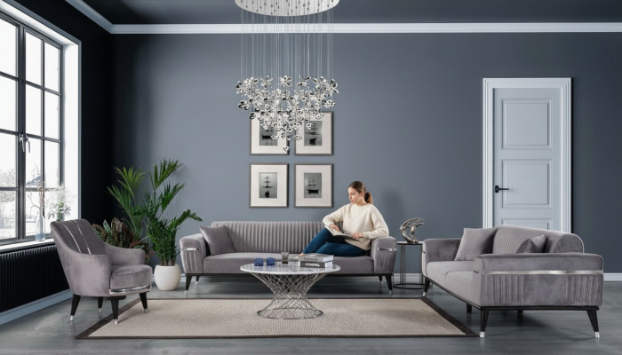 Zestaw sofowy 3+3+1 miejsce do siedzenia Sofa Sofy Fotel Materiał Drewno Szary Kanapy