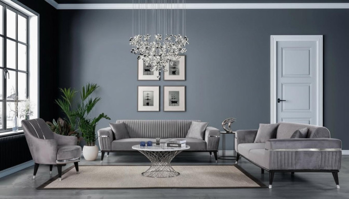 Zestaw sofowy 3+3+1 miejsce do siedzenia Sofa Sofy Fotel Materiał Drewno Szary Kanapy