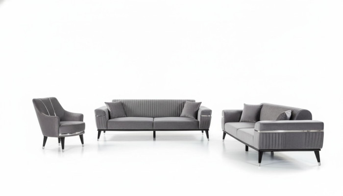 Zestaw sofowy 3+3+1 miejsce do siedzenia Sofa Sofy Fotel Materiał Drewno Szary Kanapy