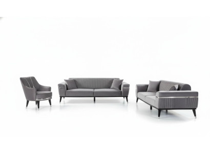Zestaw sofowy 3+3+1 miejsce do siedzenia Sofa Sofy Fotel Materiał Drewno Szary Kanapy