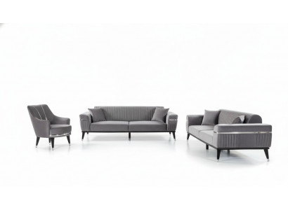 Zestaw sofowy 3+3+1 miejsce do siedzenia Sofa Sofy Fotel Materiał Drewno Szary Kanapy