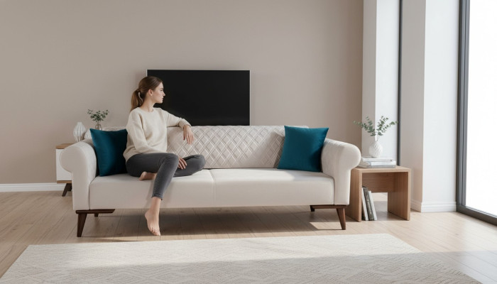 Beżowa trzyosobowa kanapa Elegancka sofa do salonu Aksamit