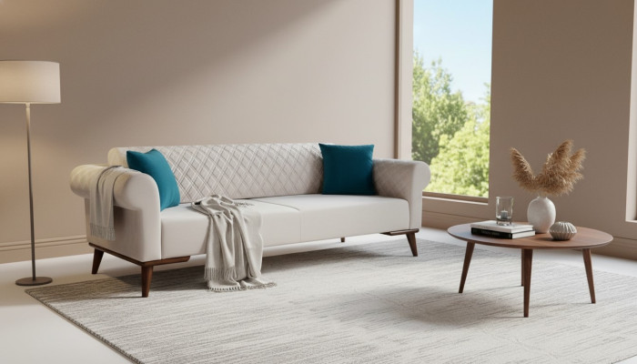 Beżowa trzyosobowa kanapa Elegancka sofa do salonu Aksamit
