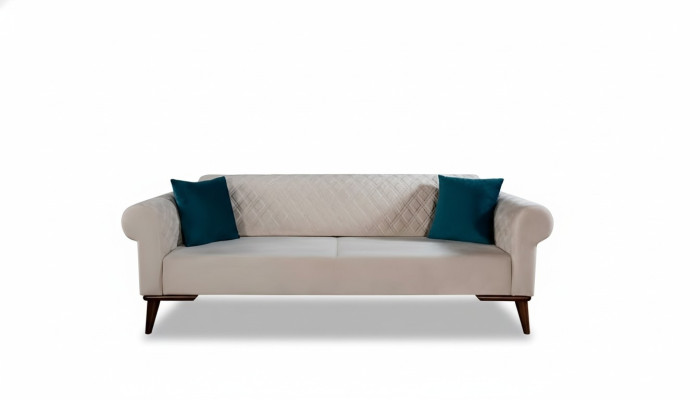 Beżowa trzyosobowa kanapa Elegancka sofa do salonu Aksamit