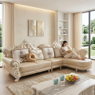 Narożnikowa kanapa L Form Żywy krajobraz Couch Meble Skóra Drewno Sofa Chesterfield
