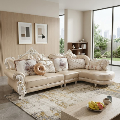 Narożnikowa kanapa L Form Żywy krajobraz Couch Meble Skóra Drewno Sofa Chesterfield