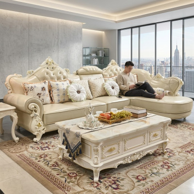 Żywy krajobraz Narożnikowa kanapa L Shape Couch Meble Skóra Drewno Sofa Chesterfield