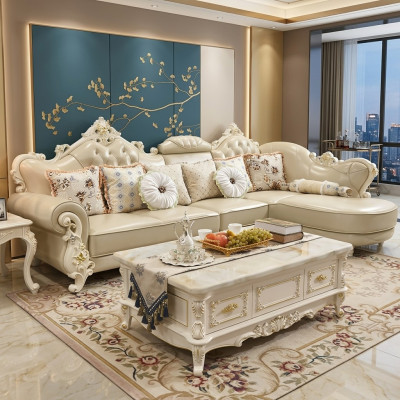 Żywy krajobraz Narożnikowa kanapa L Shape Couch Meble Skóra Drewno Sofa Chesterfield