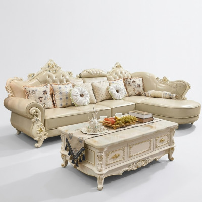 Żywy krajobraz Narożnikowa kanapa L Shape Couch Meble Skóra Drewno Sofa Chesterfield
