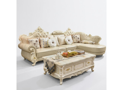 Żywy krajobraz Narożnikowa kanapa L Shape Couch Meble Skóra Drewno Sofa Chesterfield