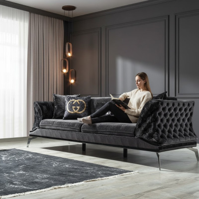 Sofa 3 Siedziba Podkładka Meble Kanapy Trzyosobowe Czarny Drewno z Metalu