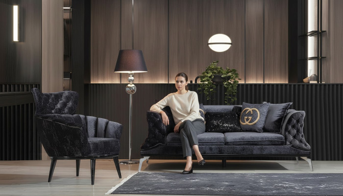 Czarna kanapa Sofa Ustawić 3+1 Siedziba Chesterfield Living Room Podkładka