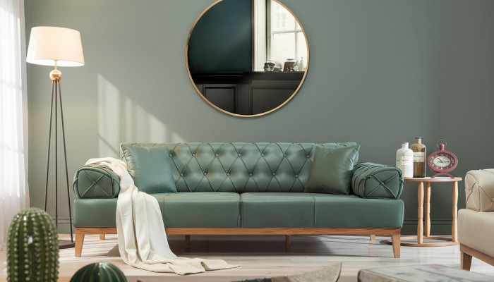 Sofa Chesterfield 3 Siedziba Kanapy Trzyosobowa Zielona Nowa Włókienniczy Drewno 220cm