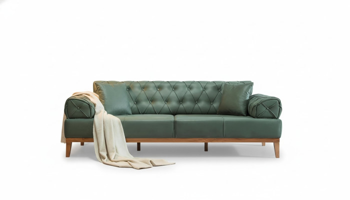 Sofa Chesterfield 3 Siedziba Kanapy Trzyosobowa Zielona Nowa Włókienniczy Drewno 220cm