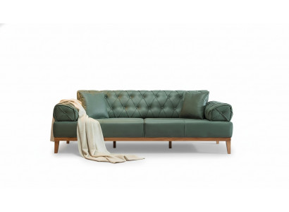 Sofa Chesterfield 3 Siedziba Kanapy Trzyosobowa Zielona Nowa Włókienniczy Drewno 220cm