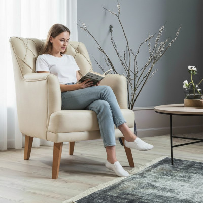 Pokój dzienny Fotel Meble Modern Material Lounge Włókienniczy sztuczna skóra beż