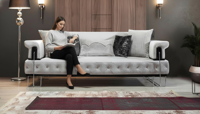Podkładka Meble sofa trzyosobowa 3 miejsce do siedzenia kanapy Biały Metal z Włókienniczy