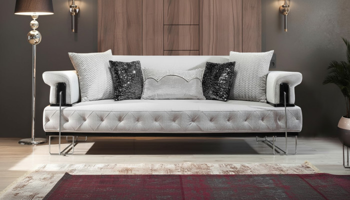 Podkładka Meble sofa trzyosobowa 3 miejsce do siedzenia kanapy Biały Metal z Włókienniczy