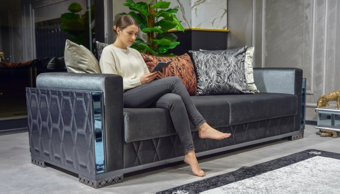 Sofa 3 miejsce do siedzenia Luksusowe Meble Salon Trzyosobowa Szary Metal z Włókienniczy