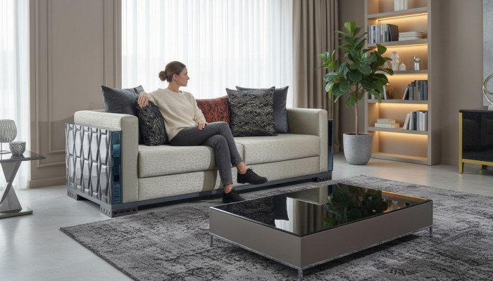 Sofa trzyosobowa luksusowa 3 Sofy Siedziba Siedziba design brown metal z Włókienniczy