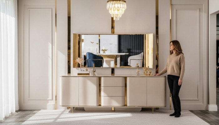 Salon Kredens Lustro materiał Drewno z Metal w stylu Modern Beige