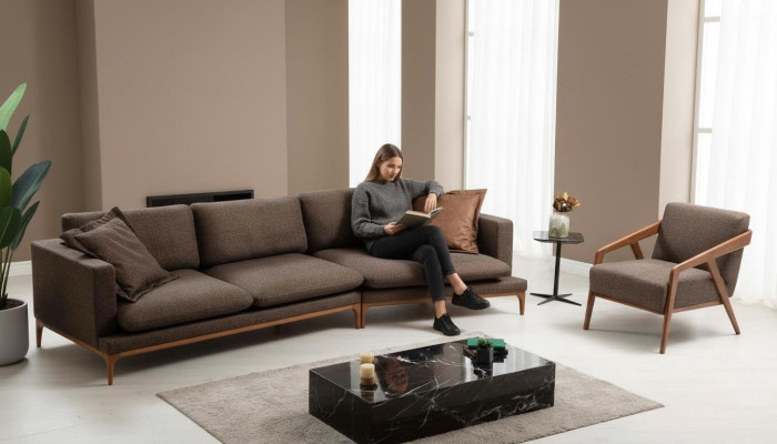 Narożnikowa kanapa Sofa Sofy do Salonu Materiał Luksusowy Narożnik Kształt L Drewno Styl Nowoczesne Meble Nowość