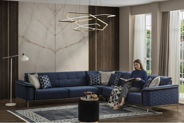 Luksusowa Narożnikowa kanapa Royal Blue Aksamit Couch Zestaw narożny Sofa Kanapy Żywy krajobraz Nowy