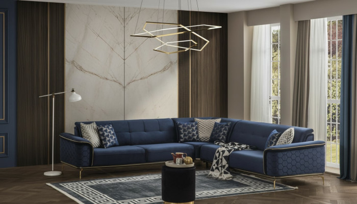 Luksusowa Narożnikowa kanapa Royal Blue Aksamit Couch Zestaw narożny Sofa Kanapy Żywy krajobraz Nowy